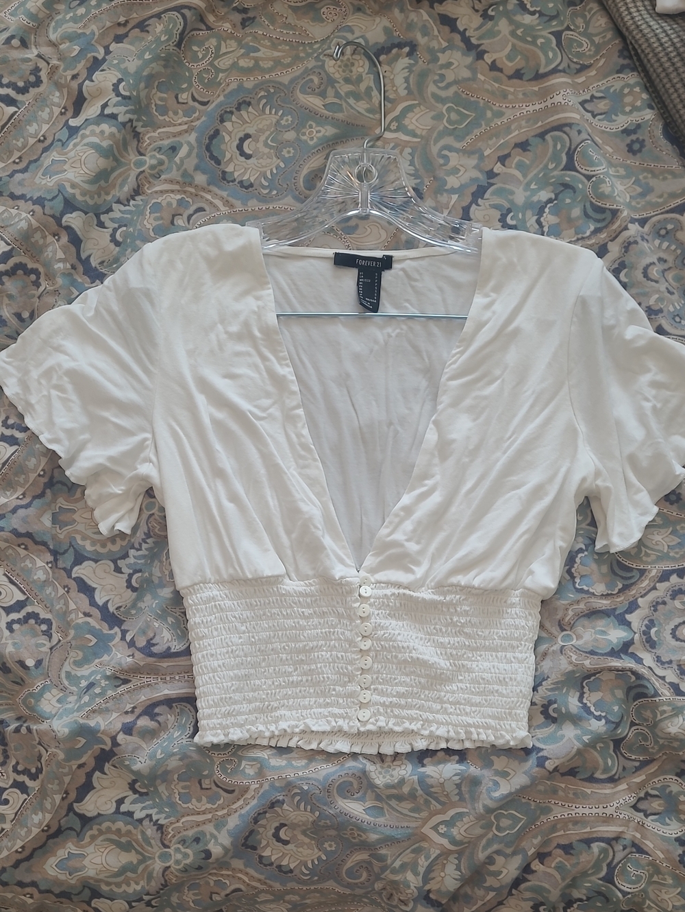 Forever 21 White Smocked Button-Front V-Neck Crop Top